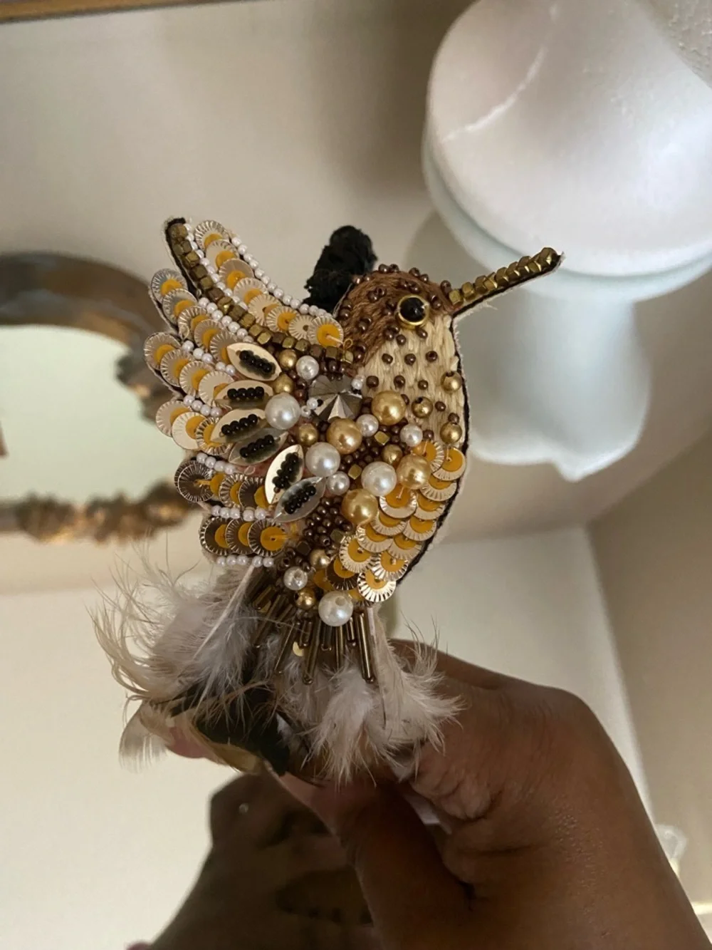 NWOT Handmade Beaded Gold & Brown Hummingbird Feather Headband